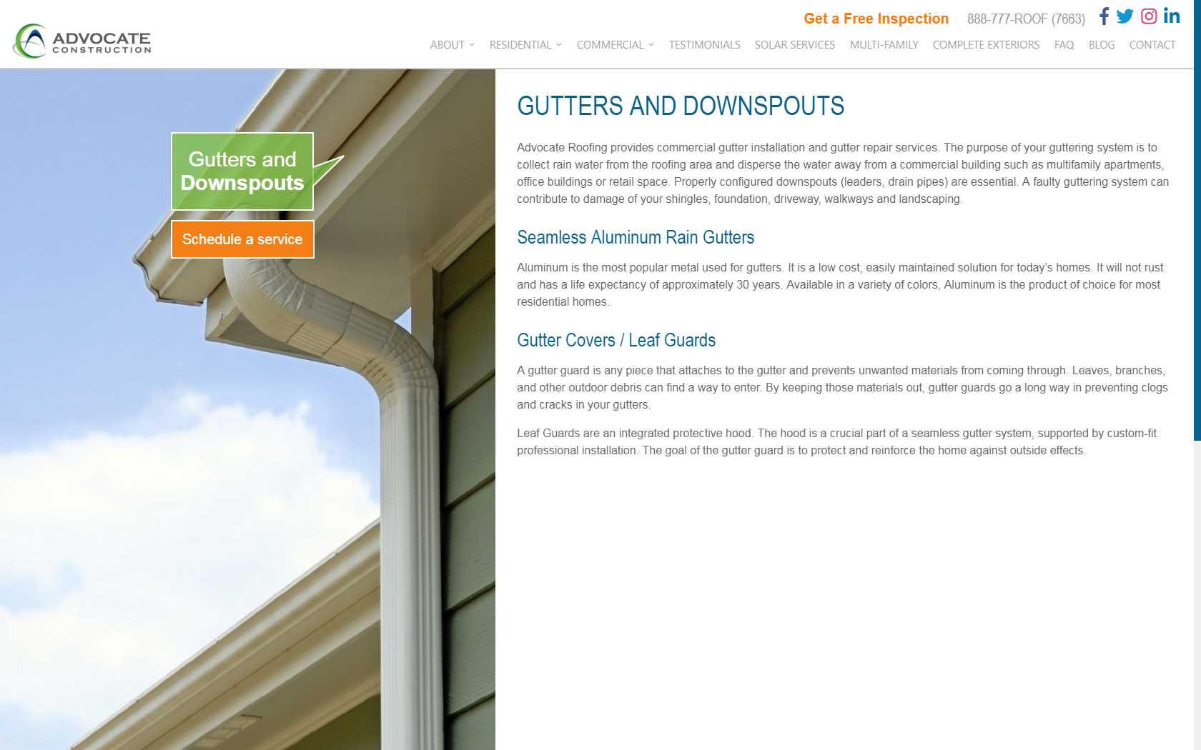 Advocate Gutters and Downspouts Website Design Layout
