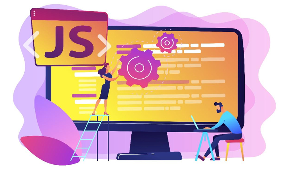 Graphic of a computer monitor with JavaScript web development code