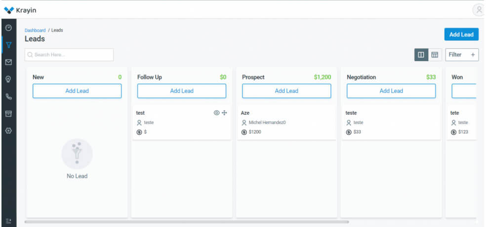 Screen capture of the Krayin CRM LEADS module