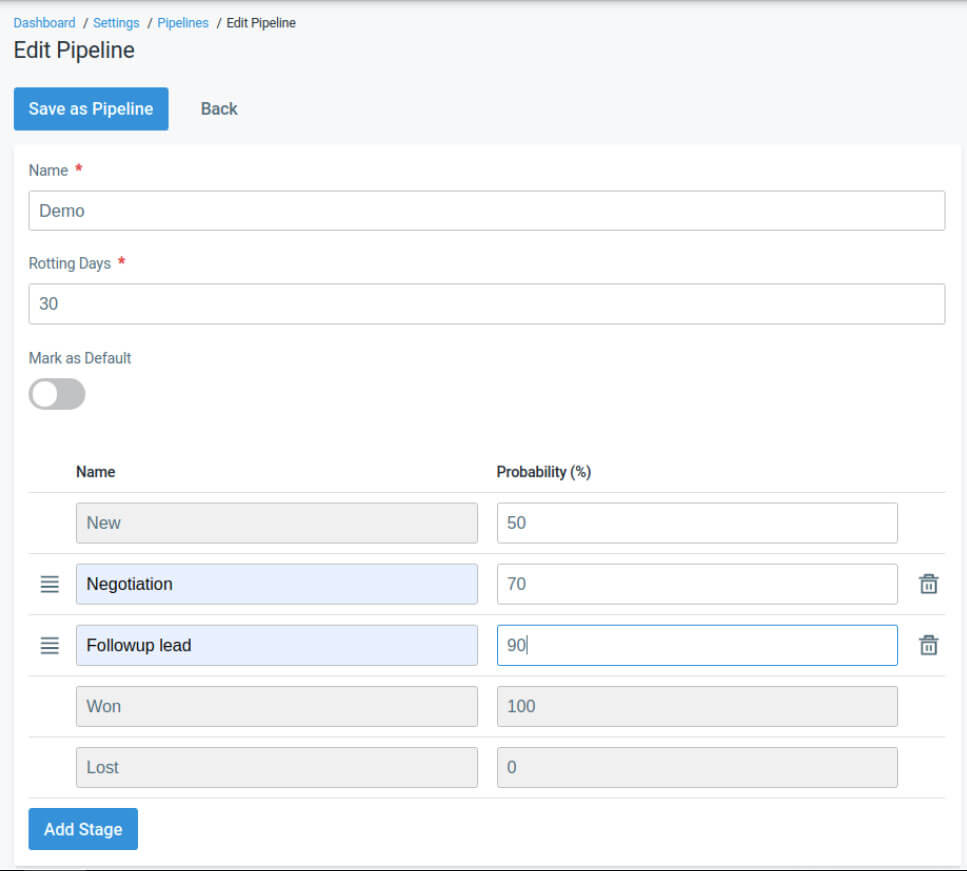 Screen capture of the Krayin CRM EDIT PIPELINE module