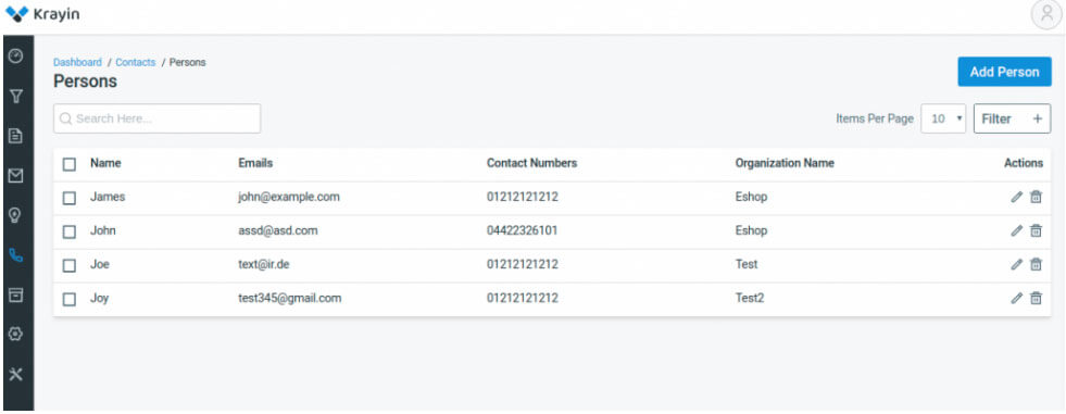 Screen capture of the Krayin CRM CONTACT MANAGEMENT module