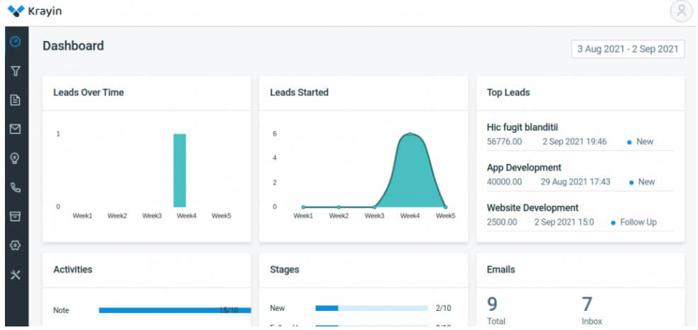 Screen capture of the Krayin CRM dashboard