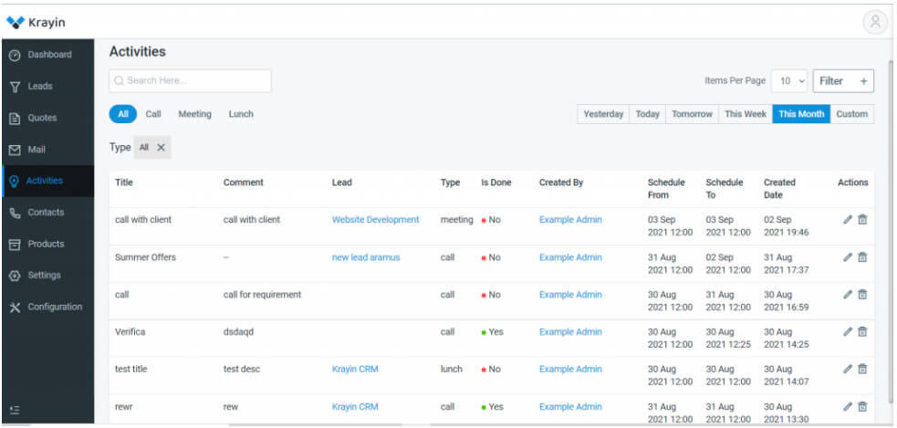 Screen capture of the Krayin CRM ACTIVITIES module