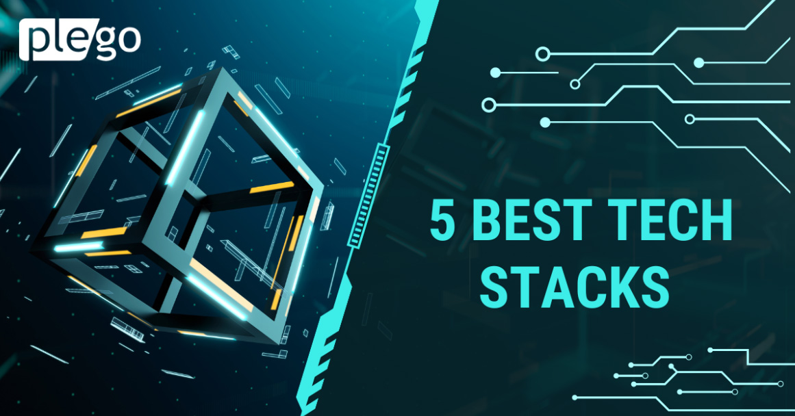 Plego slide with a blue and gold technology theme titled 5 BEST TECH STACKS